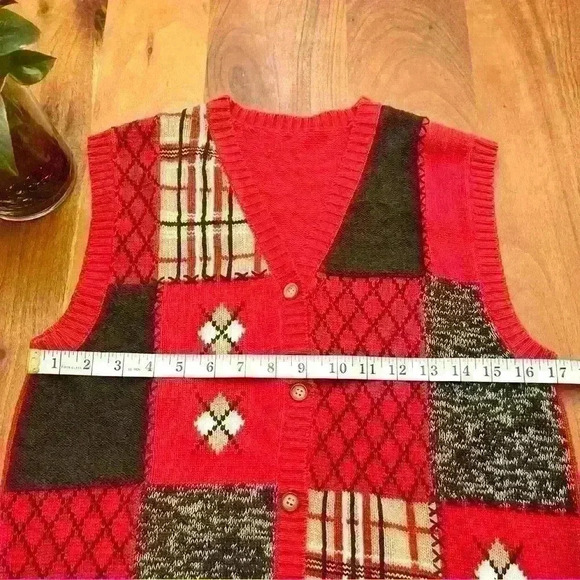 Grandma Boho Bohemians Button Down Crew Neck Red Sweater Vest. - Picture 9 of 11